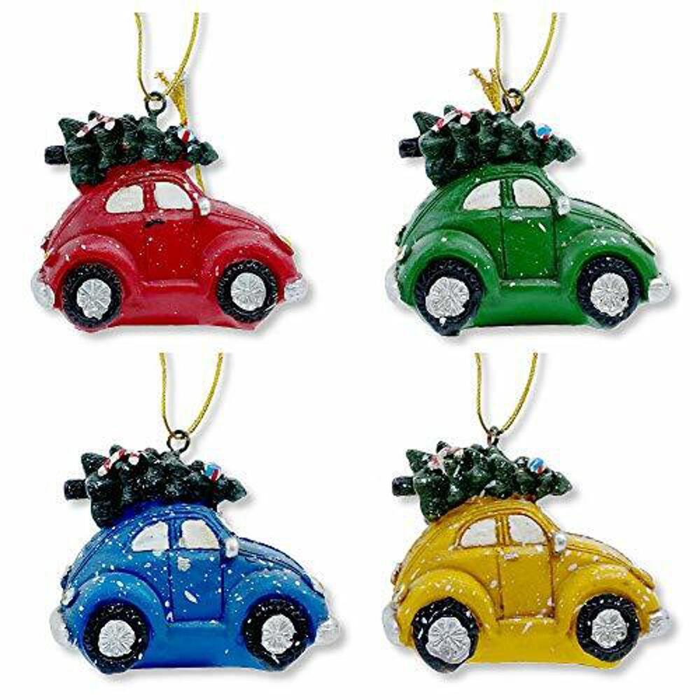 Cars with Tree on Roof Set of 4 Christmas Ornaments